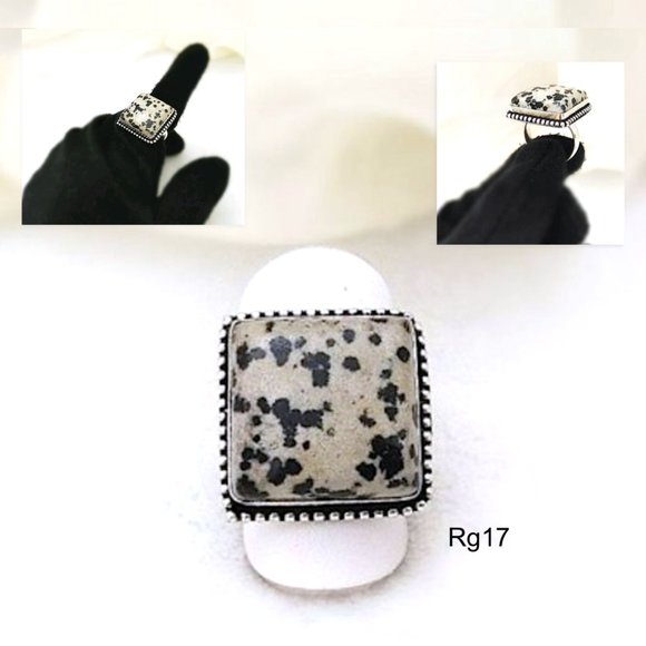 Square Ring Dalmatian Jasper Mauve BlackDot Silver - Picture 1 of 10